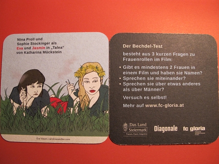 Der Bechdel-Test ist mit seinen Fragen auf den Bierdeckeln der Diagonale abgedruckt